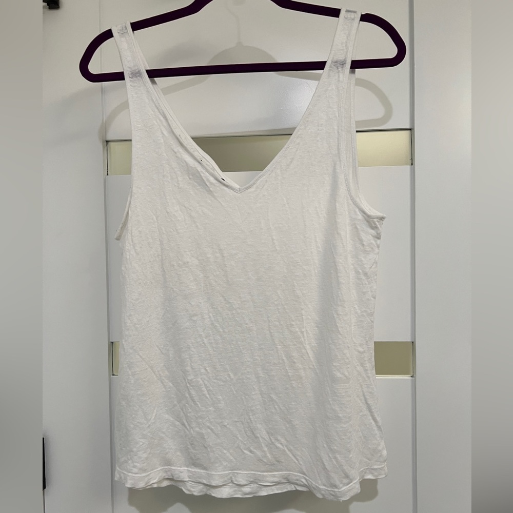 Vince 100% Linen Double V-Neck Camisole Tank White Large EUC
